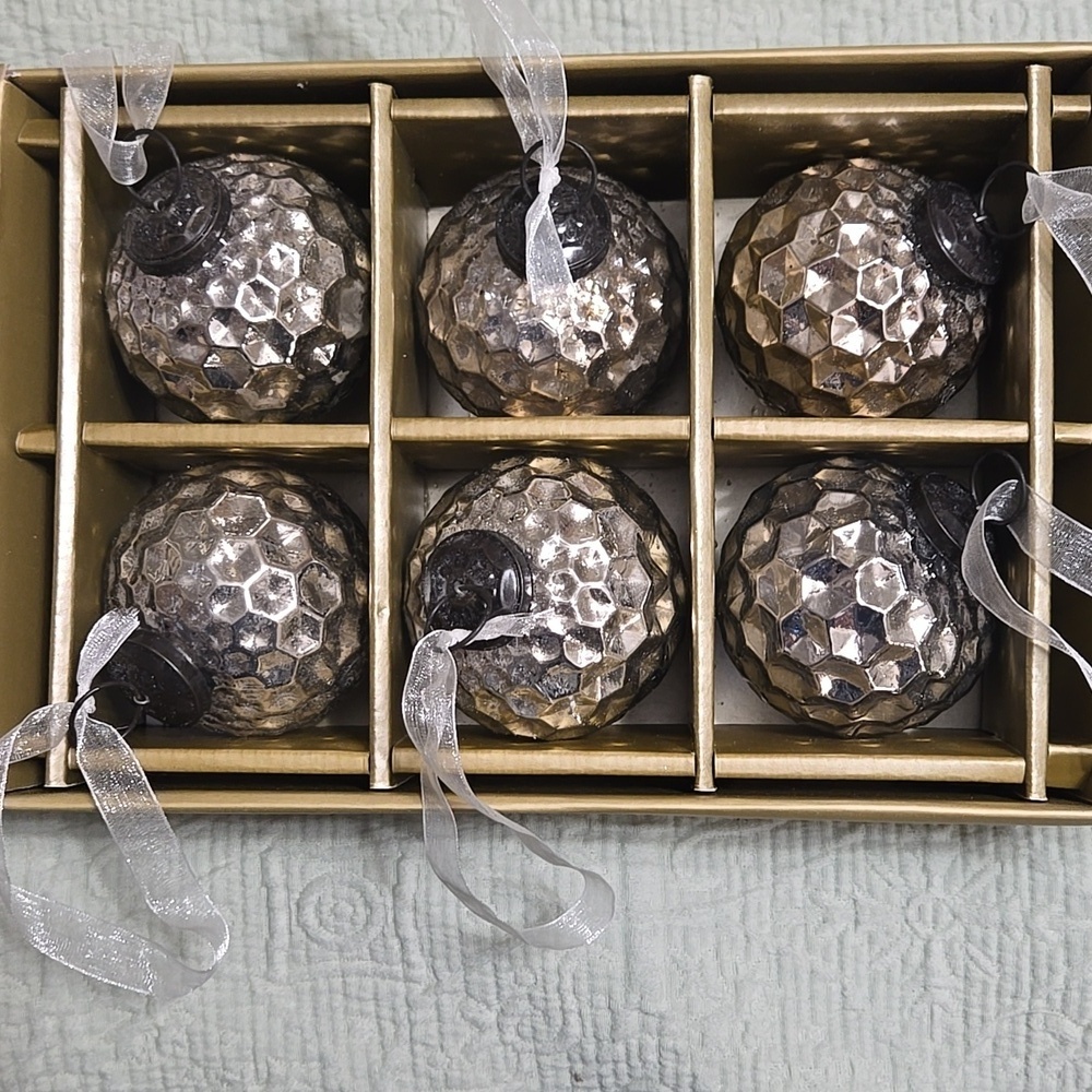 Cynthia Rowley Set of 6 Silver Holiday Glass Ornaments